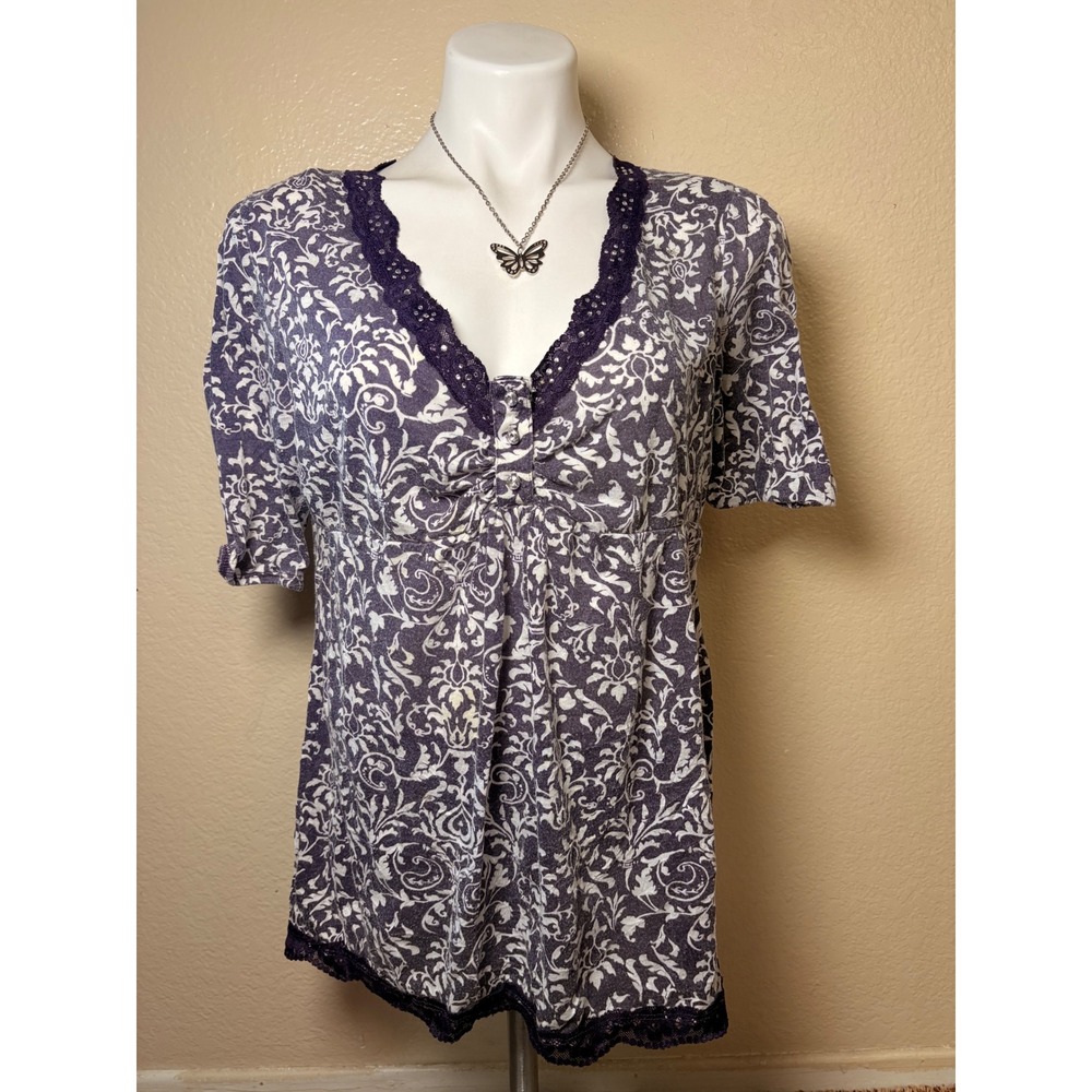 Y2K Faded Glory Purple Damask Lace Trim Empire Waist Top Womens Large #7